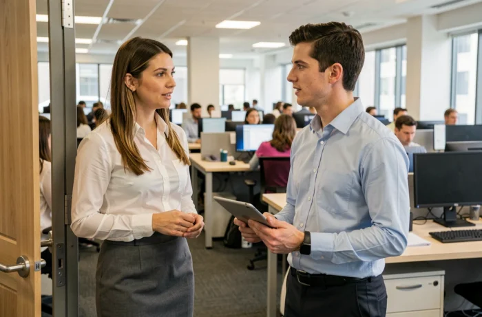 Une adjointe de direction en discussion professionnelle avec un collaborateur dans un open space d'entreprise