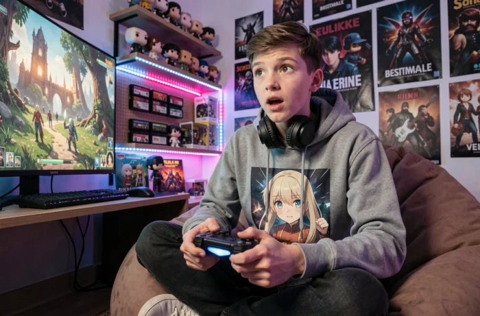 Adolescent passionné de jeux vidéo dans une salle de gaming décorée de figurines et d'affiches pop culture