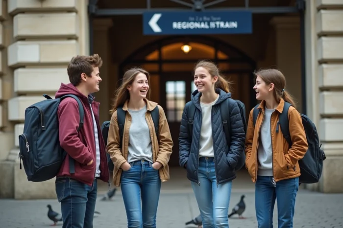 Groupe d'adolescents avec sacs à dos devant une gare française partant en voyage scolaire