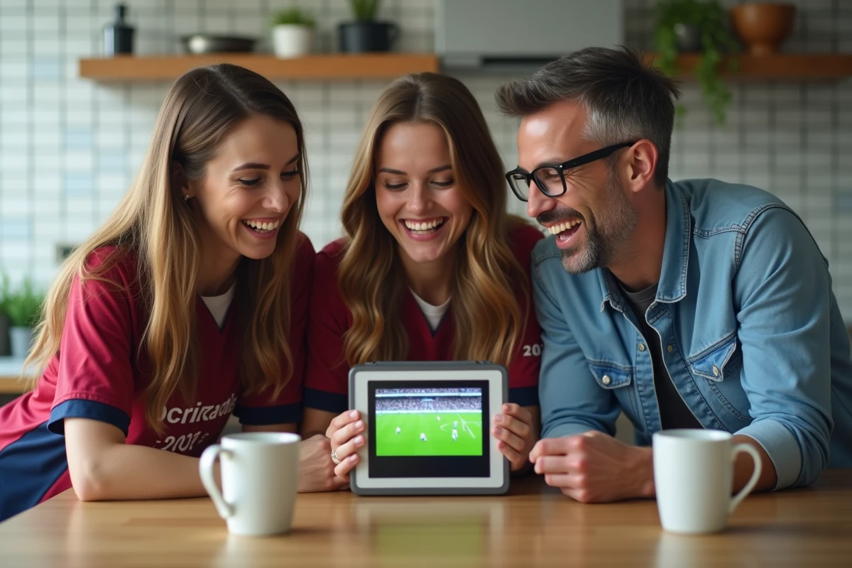 Trois amis regardant un match de football sur une tablette en cuisine