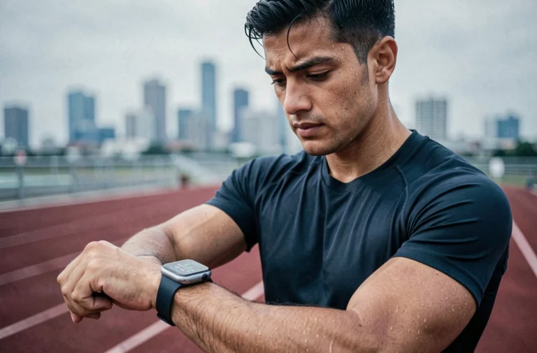 Athlète masculin analysant ses données de performance sur une montre connectée après une séance de course en plein air, illustrant le sport connecté moderne