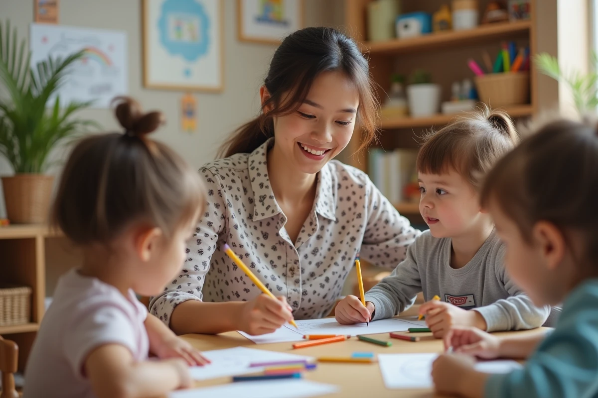 ATSEM supervisant des enfants qui dessinent en classe