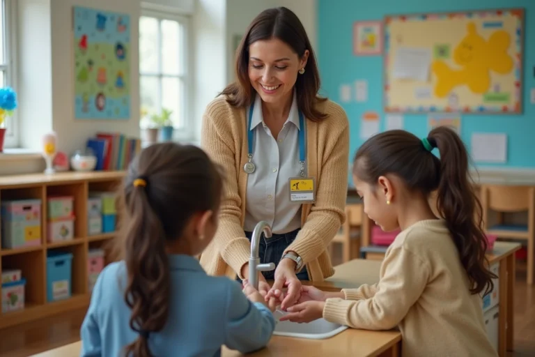 ATSEM aidant des enfants à se laver les mains en classe