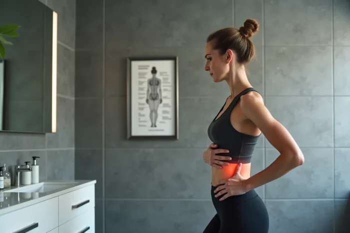 Femme pratiquant un auto-massage lymphatique du ventre devant un miroir de salle de bain