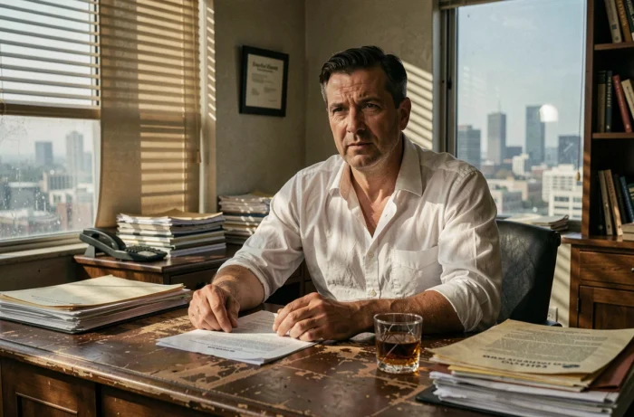 Homme assis dans un bureau de détective avec des dossiers et un verre de whisky, ambiance inspirée de la série Ray Donovan à Los Angeles