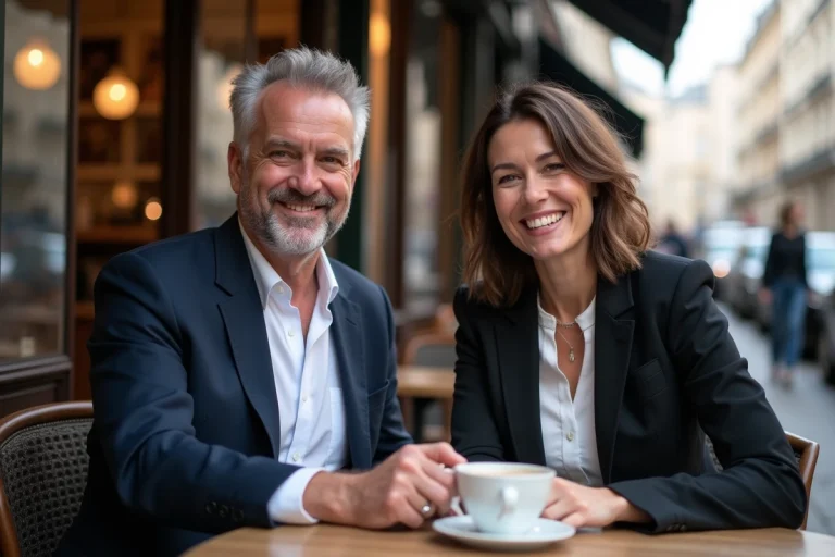 Homme d'âge moyen et femme souriante dans un café parisien