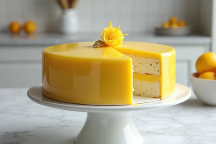 Cake au yuzu avec glaçage miroir jaune doré et feuille d'or comestible sur plateau en céramique blanche