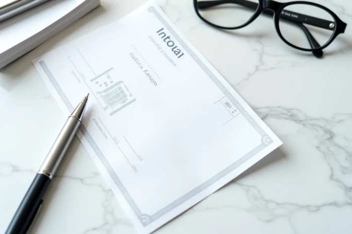 Gros plan d'un chèque de banque posé sur une surface en marbre avec un stylo et des documents officiels