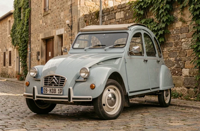 Citroën 2CV vintage des années 1950 surnommée Titine garée sur un pavé de village français