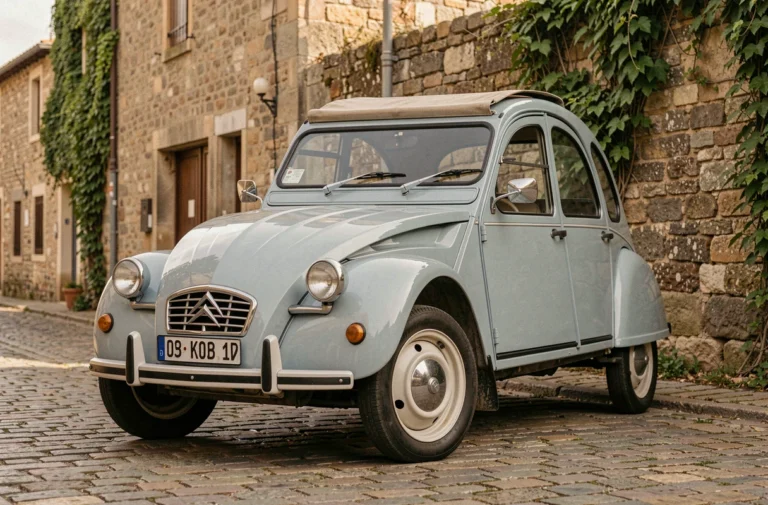 Citroën 2CV vintage des années 1950 surnommée Titine garée sur un pavé de village français