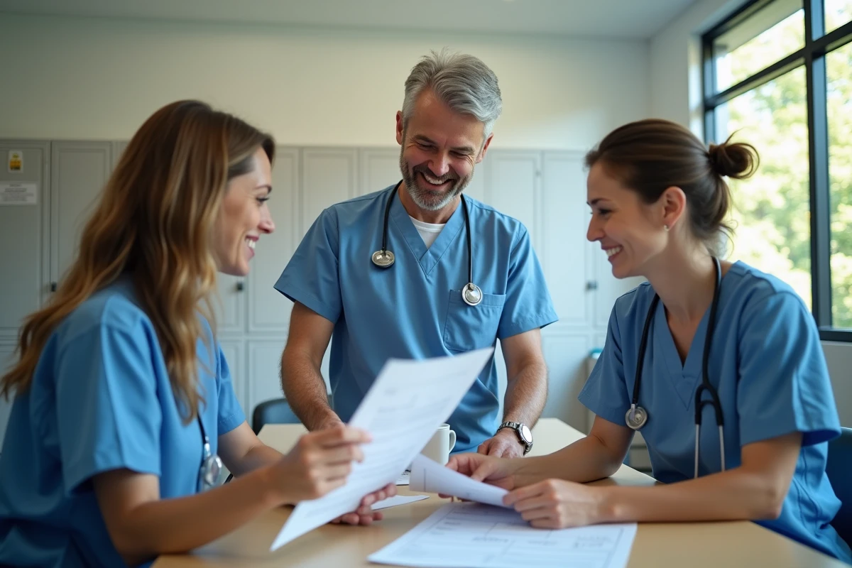 Trois employés hospitaliers discutant autour d