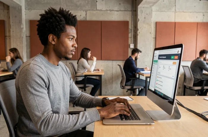 Jeune professionnel se connectant au logiciel CPro dans un espace de coworking moderne