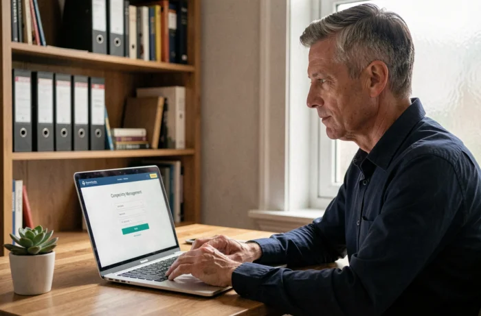 Homme en télétravail se connectant à un logiciel de gestion des compétences depuis son bureau à domicile
