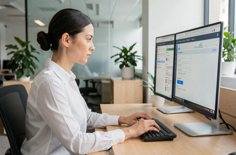 Femme connectée au logiciel CPro sur un ordinateur de bureau dans un open space professionnel