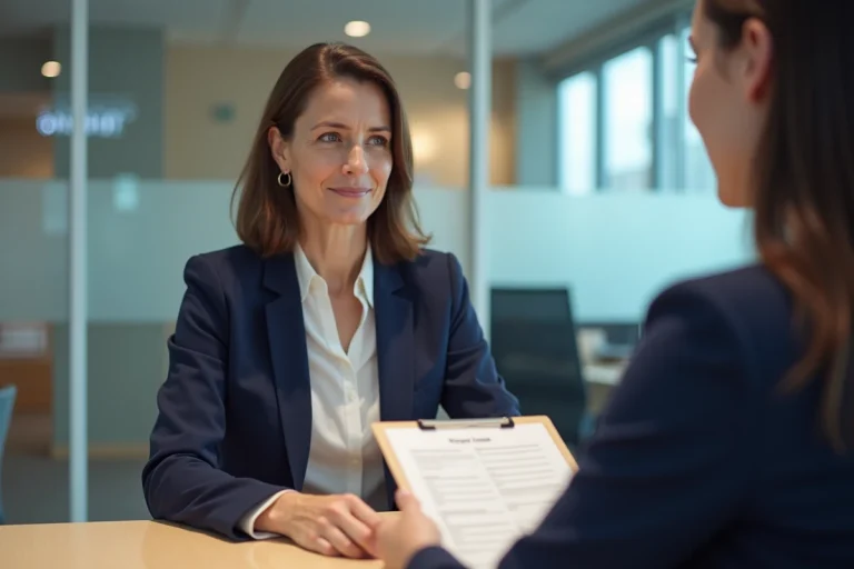 Conseillère bancaire de la Banque Populaire remettant un chèque de banque à un client au guichet