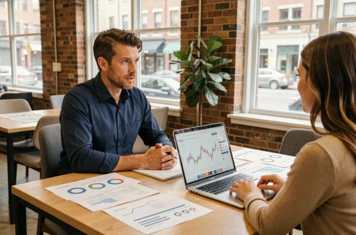 Consultant web masculin analysant des rapports de performance en ligne avec une cliente dans un espace de coworking moderne