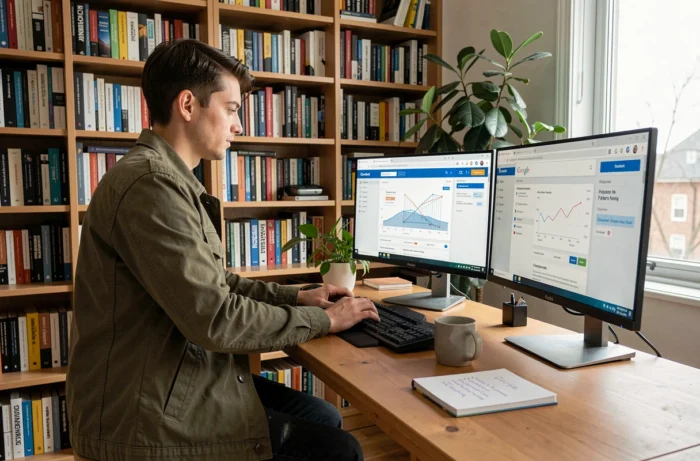 Jeune consultant web travaillant seul sur une refonte de site internet et un tableau de bord analytics dans un bureau à domicile
