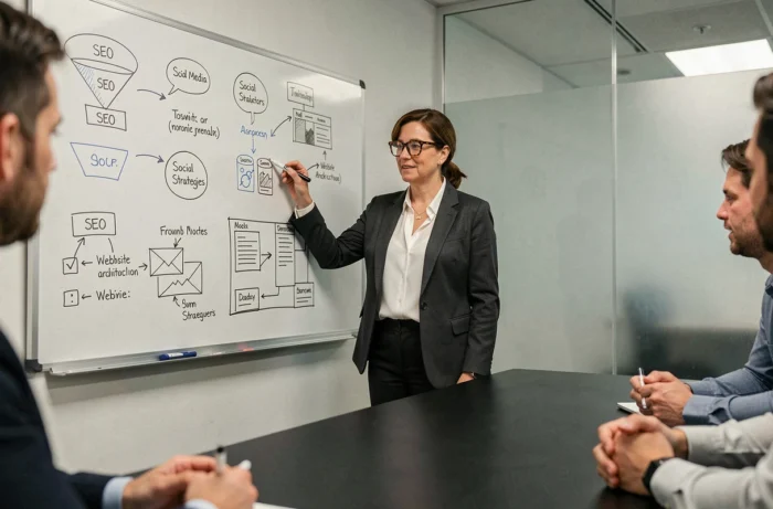 Consultante web présentant une stratégie de référencement et de présence en ligne sur un tableau blanc en salle de réunion