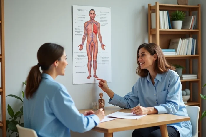 Spécialiste en bien-être expliquant le système lymphatique et ses bienfaits digestifs à une patiente en consultation