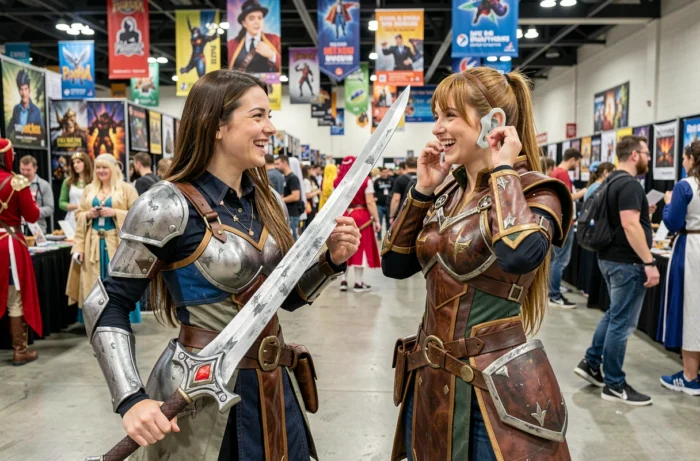 Deux femmes en cosplay élaboré à l'intérieur d'une convention geek animée avec des stands et des participants costumés