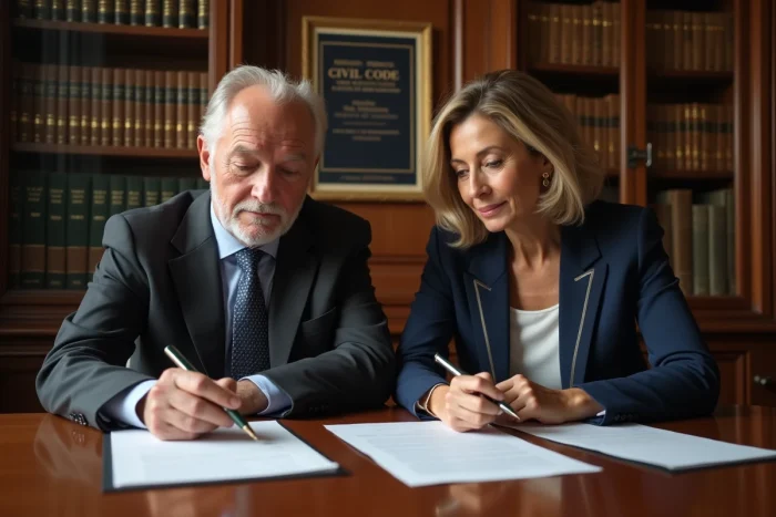 Couple d'adultes examinant un contrat dans un bureau notarial