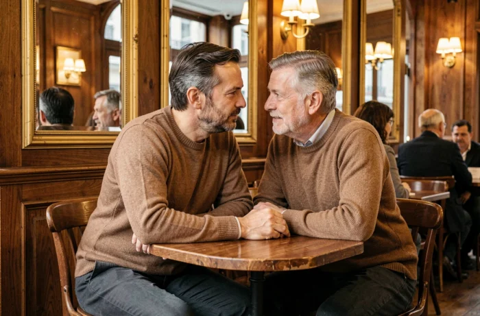 Couple discret partageant un moment intime dans une brasserie parisienne traditionnelle