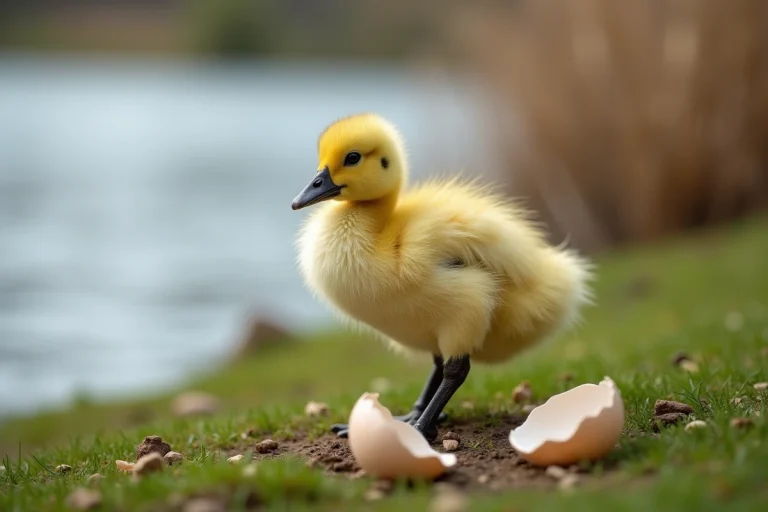 Jeune cygne nouveau-né sur l'herbe près de l'étang