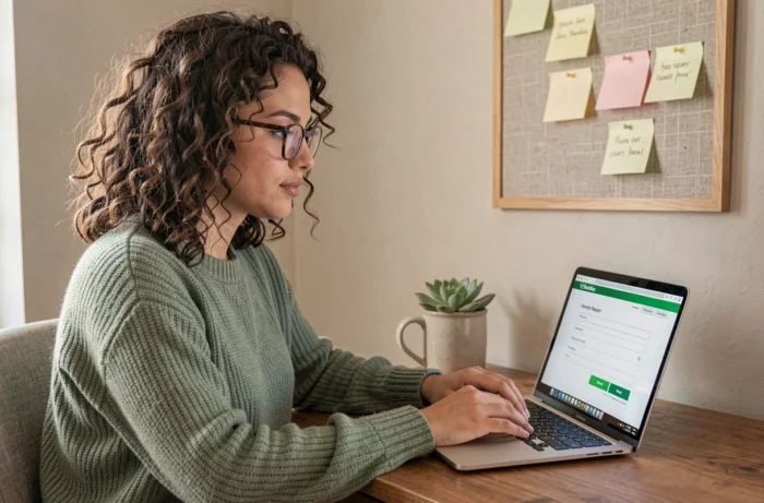 Salariée travaillant depuis chez elle sur un portail RH en ligne pour soumettre une demande de congés