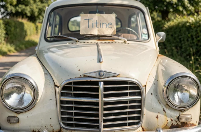 Détail du capot et de la calandre d'une vieille voiture française surnommée Titine avec écriteau artisanal