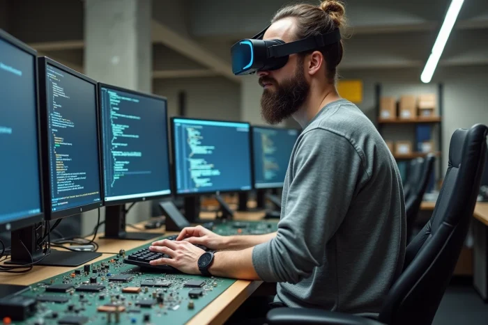 Développeur masculin travaillant sur des prototypes électroniques dans un laboratoire de startup technologique