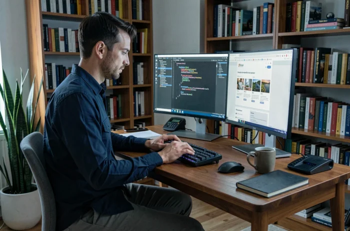 Développeur web masculin codant un site responsive sur double écran dans un bureau à domicile avec bibliothèque et code HTML visible