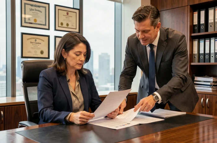 Une directrice adjointe et un adjoint de direction collaborant autour de documents dans un bureau exécutif moderne