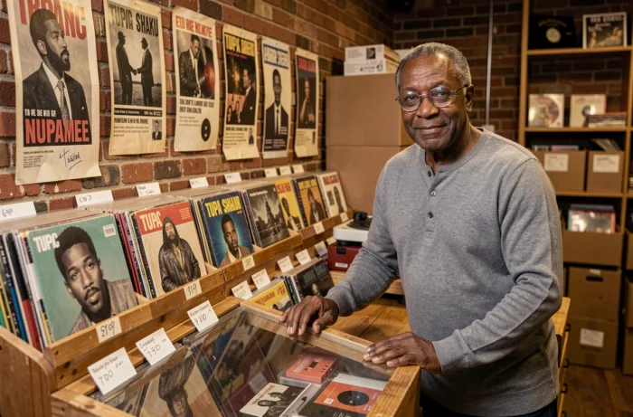 Propriétaire d'un disquaire indépendant à Brooklyn entouré de vinyles et cassettes de Tupac Shakur, New York