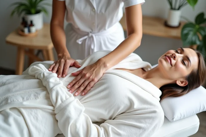 Femme recevant un drainage lymphatique abdominal dans un spa médical moderne, mains de thérapeute visibles sur le ventre