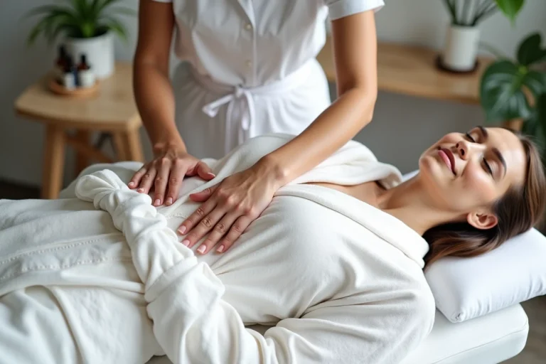 Femme recevant un drainage lymphatique abdominal dans un spa médical moderne, mains de thérapeute visibles sur le ventre