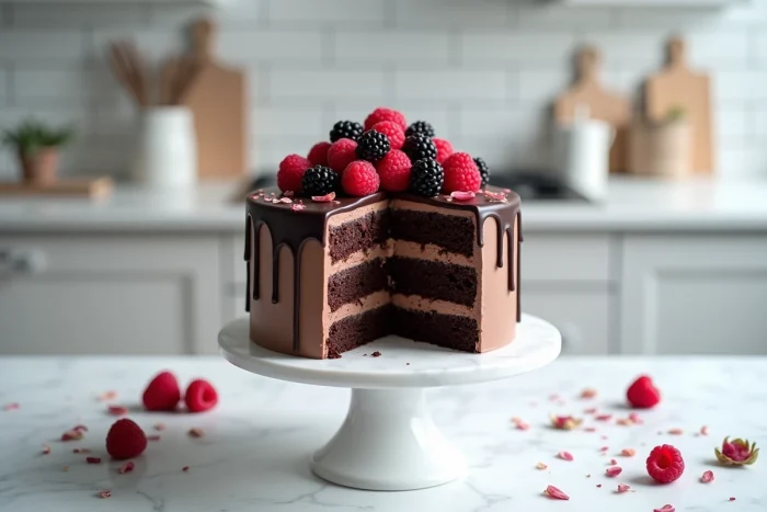 Drip cake au chocolat avec ganache coulante et fruits rouges frais sur un plateau en marbre blanc