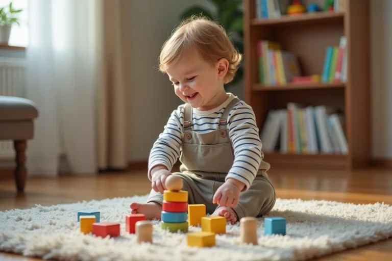Bébé en salopette riant en empilant des blocs en bois