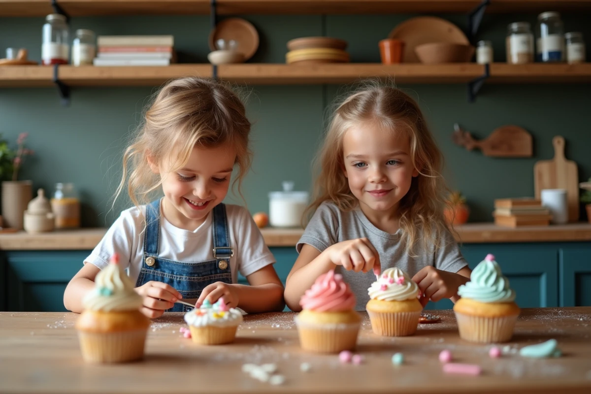 Enfants appliquant du glaçage coloré sur des cupcakes