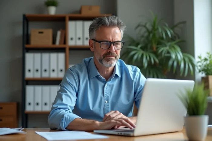 Professeur français concentré devant son ordinateur dans un bureau moderne