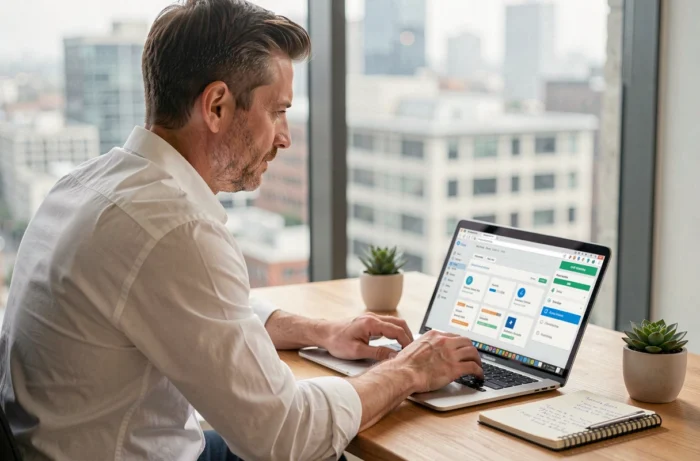 Entrepreneur travaillant sur une plateforme SaaS de gestion de projet dans un bureau à domicile minimaliste avec vue sur la ville pour booster la performance digitale