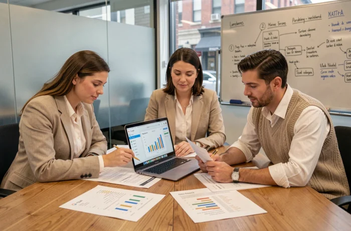 Équipe de professionnels analysant les performances d'un site web avec rapports analytiques et tableau de bord PageSpeed dans une salle de réunion moderne