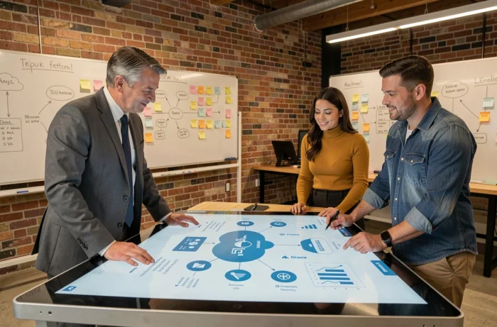 Équipe de professionnels collaborant autour d'une table tactile pour planifier une stratégie de services digitaux et améliorer la performance de leur entreprise