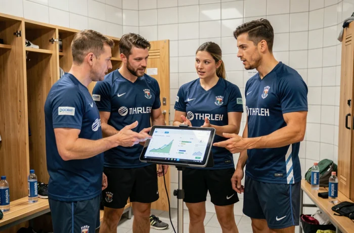 Groupe de sportifs analysant des données d'entraînement sur tablette dans un vestiaire moderne, représentant la technologie connectée dans le sport collectif