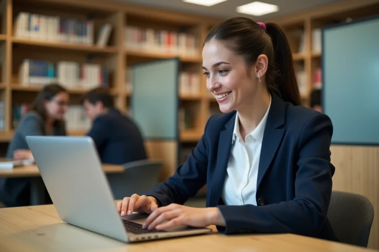 Étudiante de l'ESCP consultant le portail MySchool sur un ordinateur portable dans une bibliothèque universitaire moderne