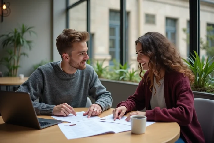 Deux étudiants ESCP collaborant sur leurs plannings de cours et services académiques dans un espace commun du campus parisien