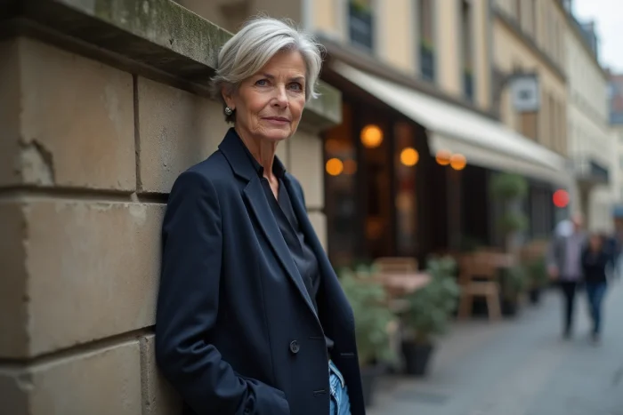 Femme actrice française en blazer marine photographiée dans une rue parisienne, mettant en valeur sa stature et sa silhouette élancée