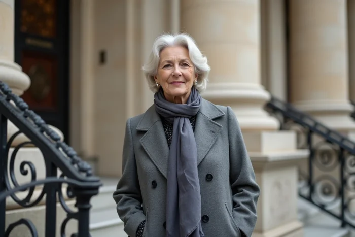 Femme française distinguée en manteau gris devant un immeuble haussmannien, portrait illustrant la taille et l'élégance naturelle d'Evelyne Bouix
