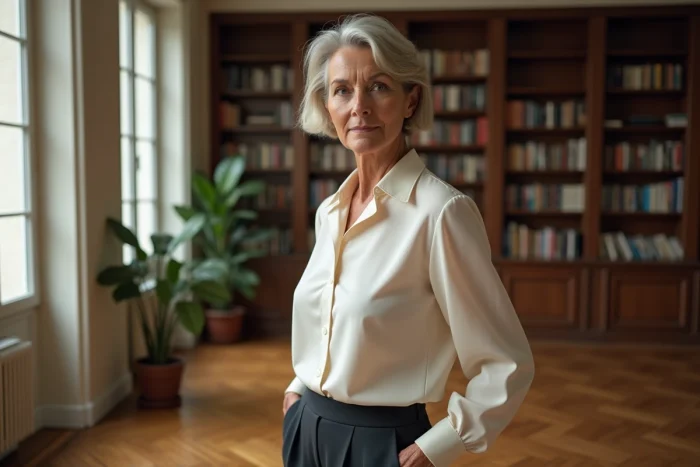 Portrait en pied d'une femme élégante française dans un appartement parisien, illustrant la silhouette et la taille d'Evelyne Bouix