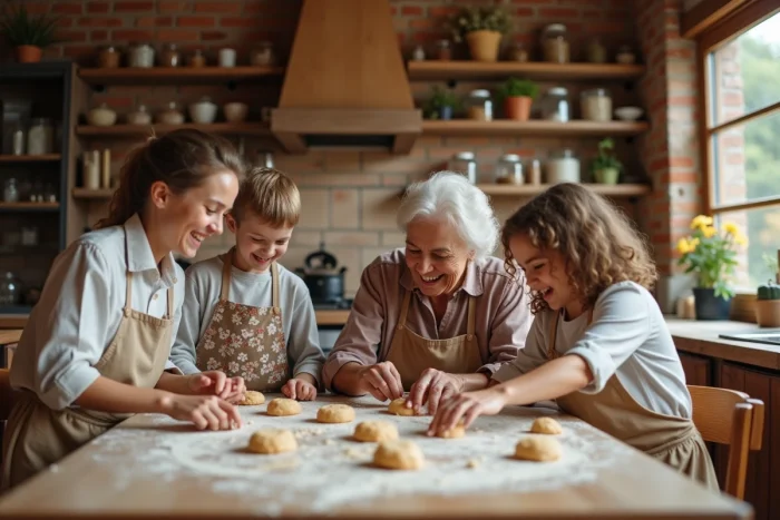 Grand-mère, mère et enfants préparant des biscuits ensemble dans une cuisine rustique, renforçant les liens familiaux au quotidien
