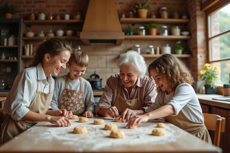 Grand-mère, mère et enfants préparant des biscuits ensemble dans une cuisine rustique, renforçant les liens familiaux au quotidien